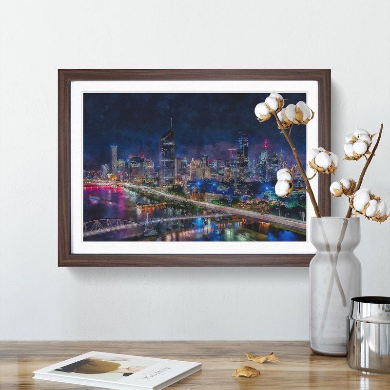 Brisbane City Skyline Australia Painting - Single Picture Frame Print on MDF, 62cm H x 87cm W x 2cm D, Walnut