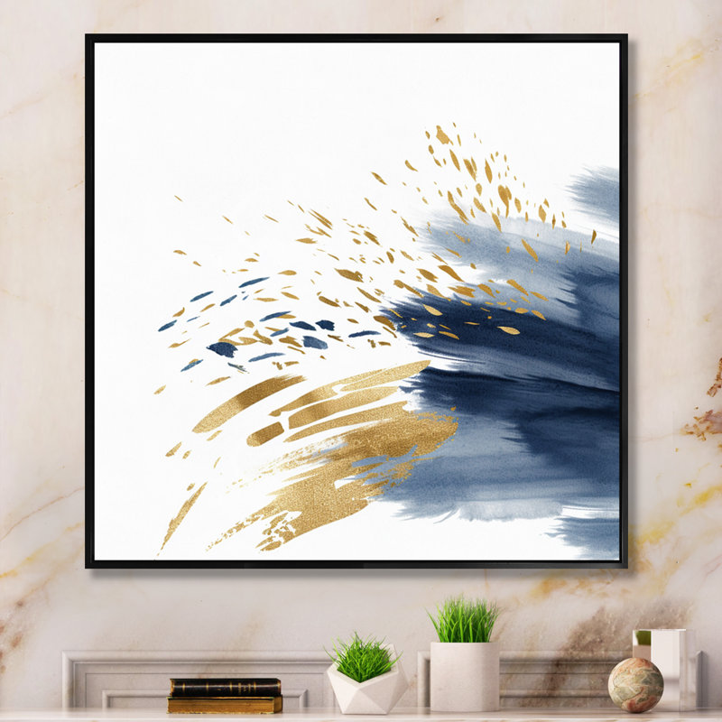 Bleu foncé et or abstrait VI, Cadre flottant noir, H 24 po x l 24 po x P 1 po