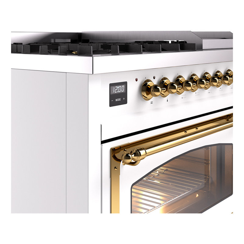 ILVE UN48FNMPEGG Nostalgie II Noblesse 48 inch Dual Fuel Range (8 Sealed Burners + Griddle, Triple Glass Door), Brass, White