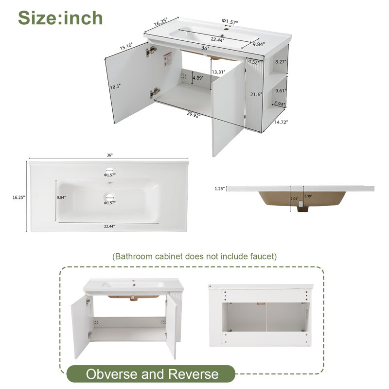Wall-mounted Floating Bathroom Vanity With Ceramic Sink,free-handle Design,side Open Shelves