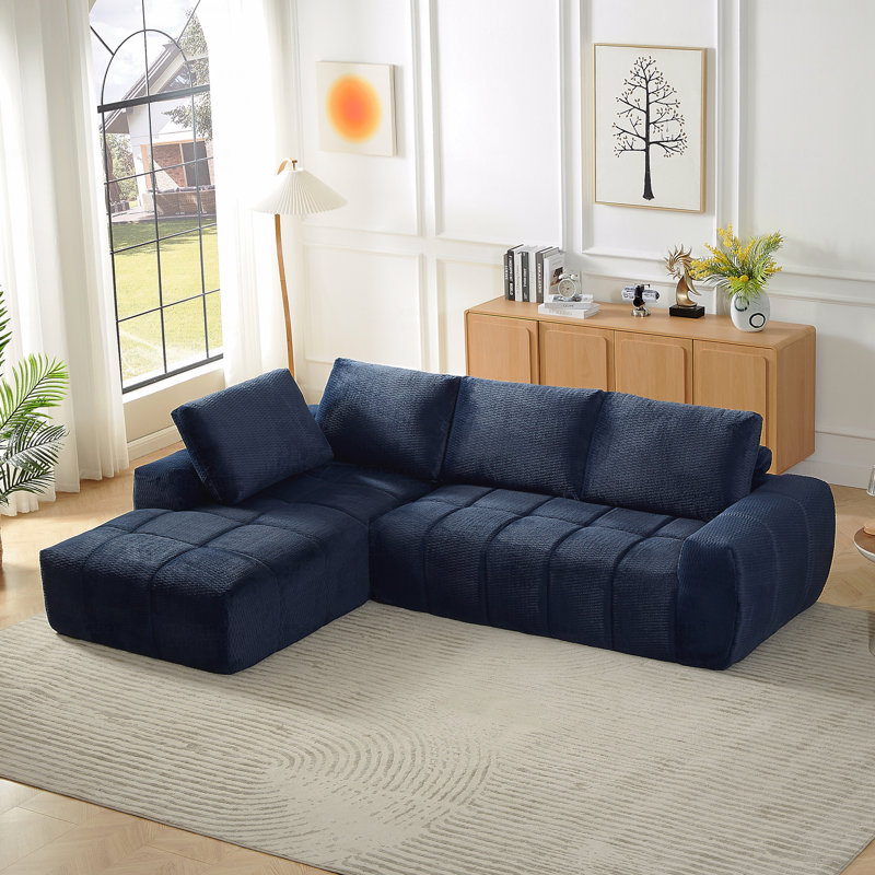 Sleeper, L-Shape Luxury Basic Sectional Sofa Oversized Sofa,Mnimalist Design,Comfy Couch, Blue Faux Fur, Left Hand Facing