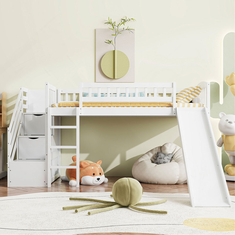 Stairway Twin Size Loft Bed With Two Drawers And Slide, White