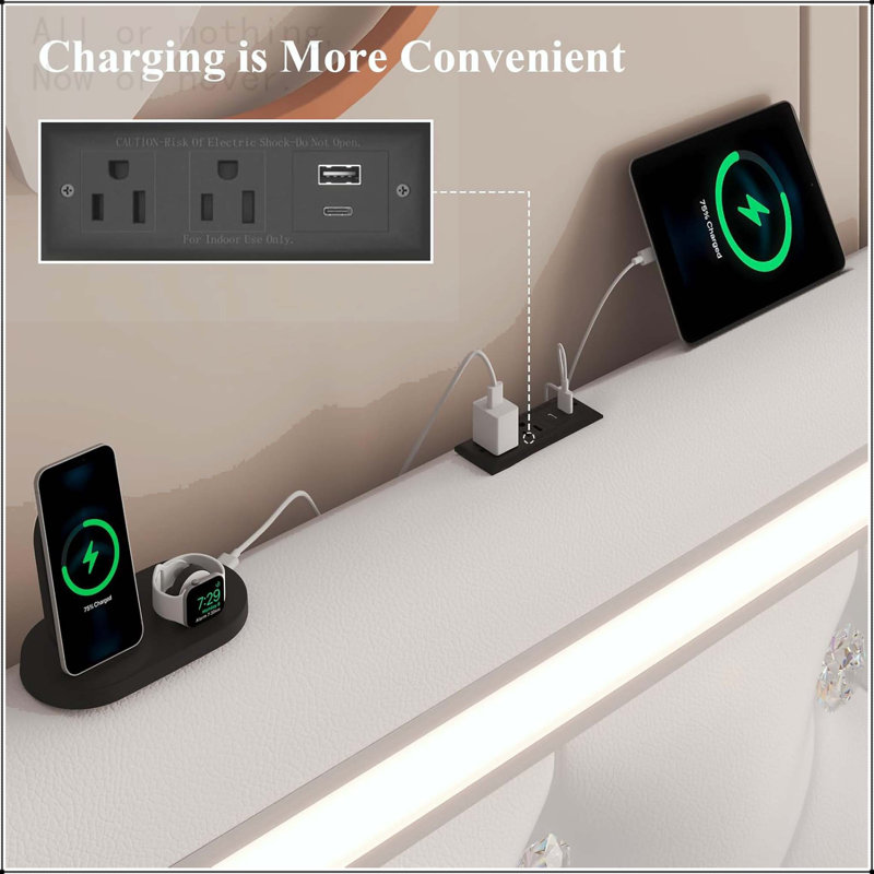 Grand cadre de lit tapissier grand avec lumières DEL et station de charge, Blanc, Grand lit