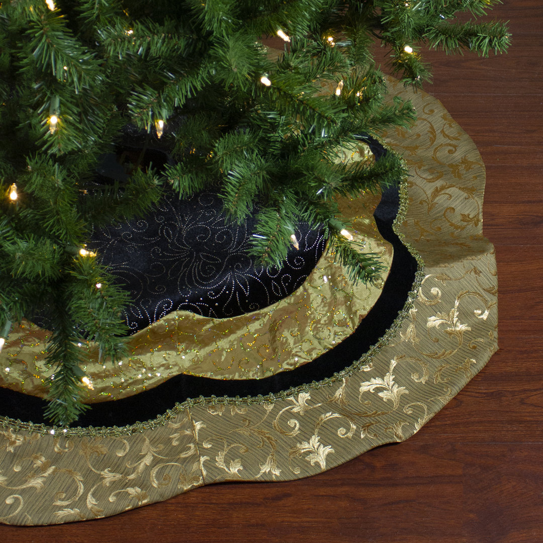 48" Black and Gold Velveteen Floral Scallop Christmas Tree Skirt Northlight Seasonal