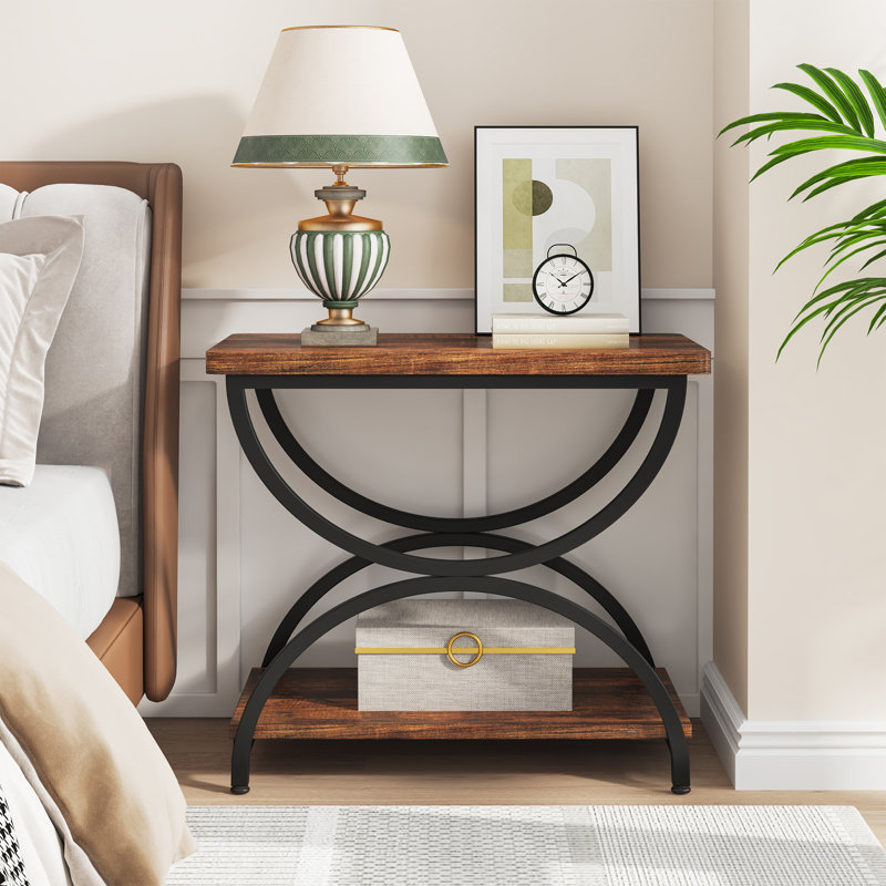 Tashai 2-Tier Rectangular End Side Table with Semicircular Metal Legs, Black, Reddish Brown