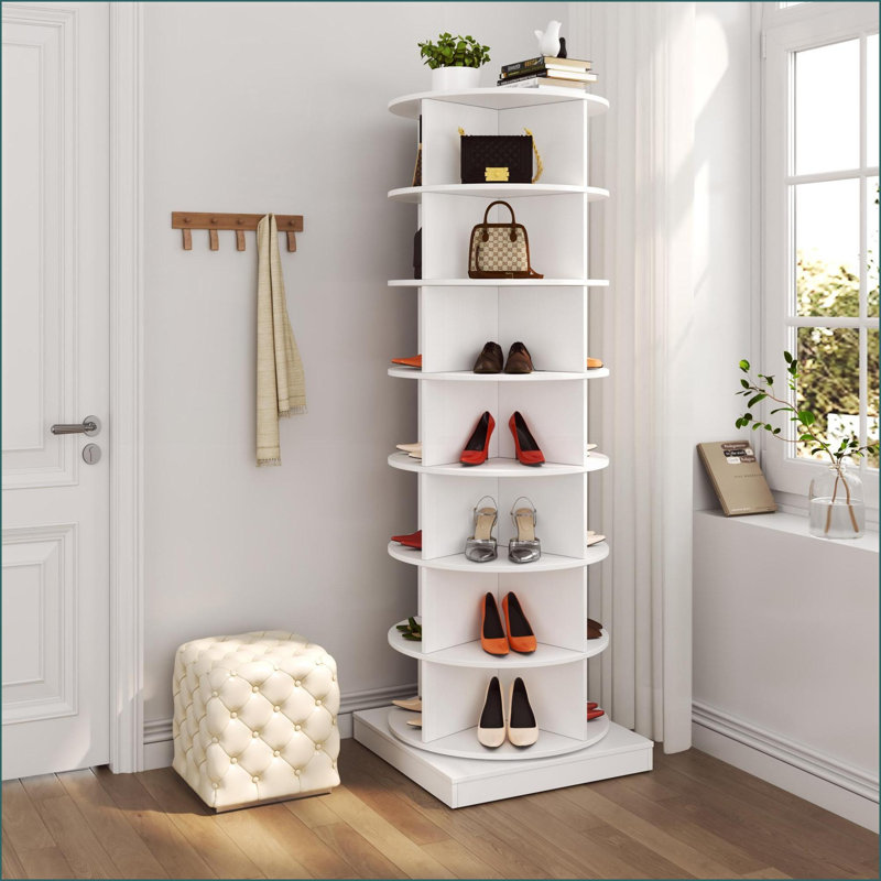 Range-chaussures | 360 ° rotatif 7 couches | Peut contenir 28 paires | Ivoire moderne et élégant | Panneau de particules et panneau de fibres à densité moyenne