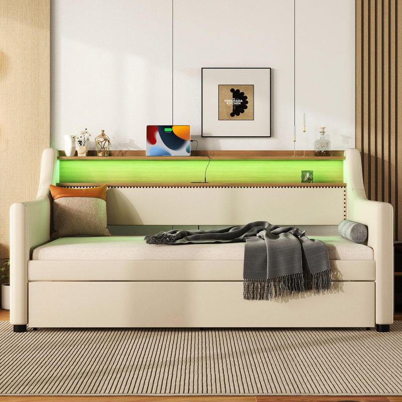 Lit de jour simple rembourré beige avec lit gigogne - Éclairage à DEL, panier de charge et tête de lit, Beige