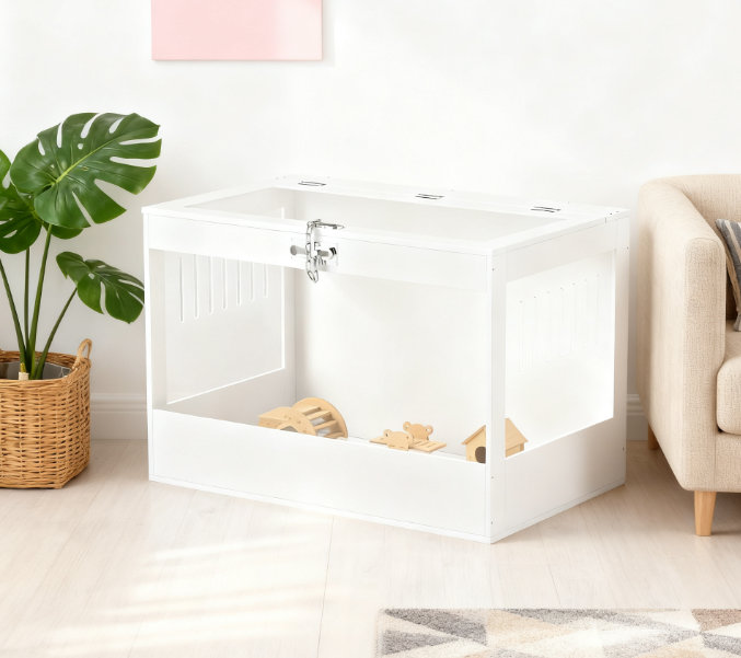 Cage blanche pour animaux avec dessus ouvert, serrure sécurisée, cabane et accessoires