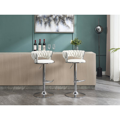 Set Of 2 Bar Stools,With Chrome Footrest And Base Swivel Height Adjustable Mechanical Lifting Velvet + Chrome  Leg Simple Bar Stool-CREAM
