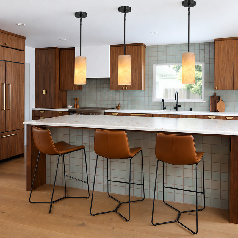 Luminaires suspendus cylindriques à 1 lumière pour îlot de cuisine avec abat-jour albâtre, Noir mat
