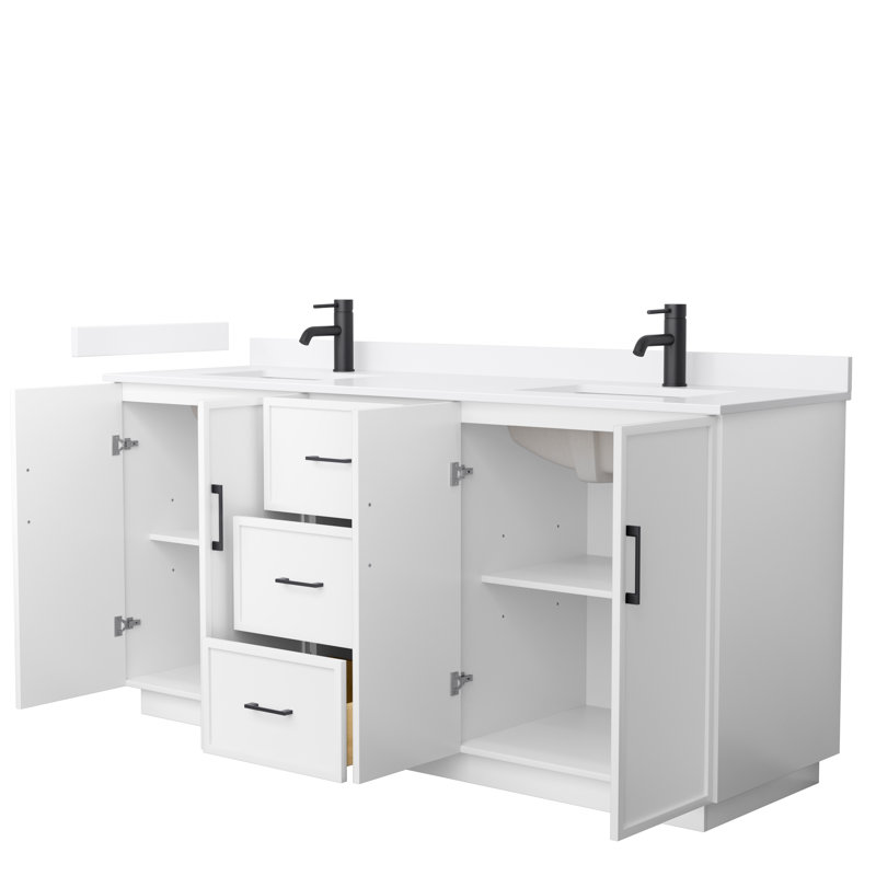 Meuble-lavabo double autoportant 72 po avec plateau en quartz Elan TK, Blanc, Quartz blanc, Noir mat