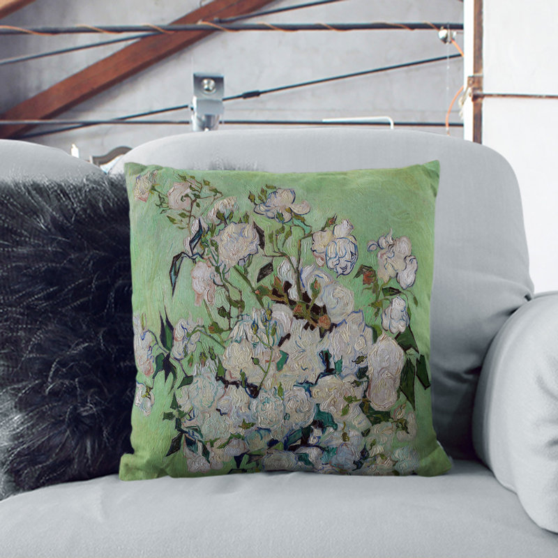 White Roses Scatter Cushion, Green, Grey, 55cm H x 55cm W x 20cm D