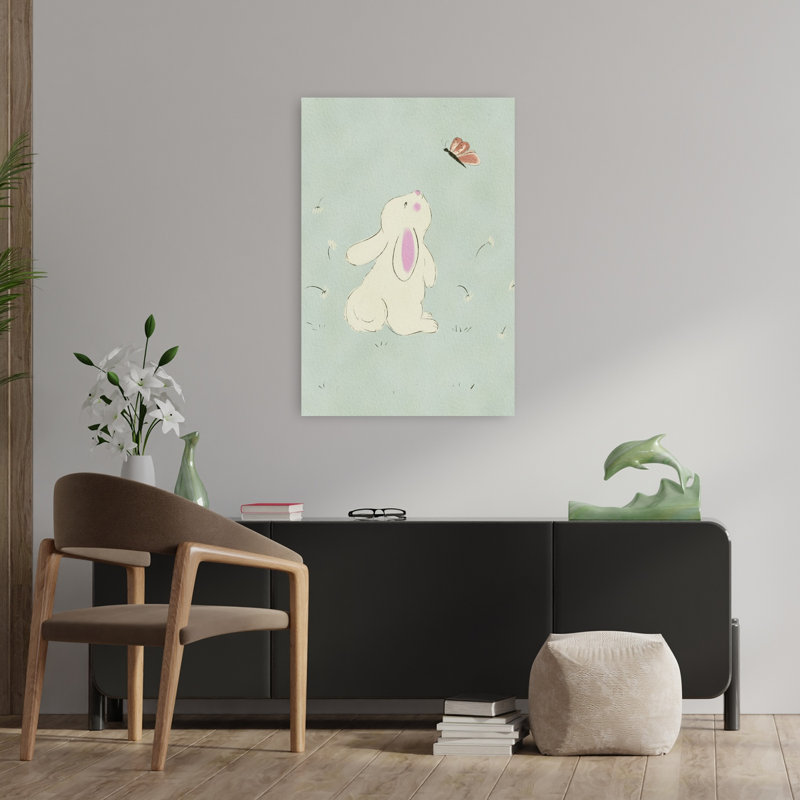 «Curious Bunny and Butterfly Delicate Peaceful Whimsical Butterfly Dandelion Rabbit Nature Spring», art mural