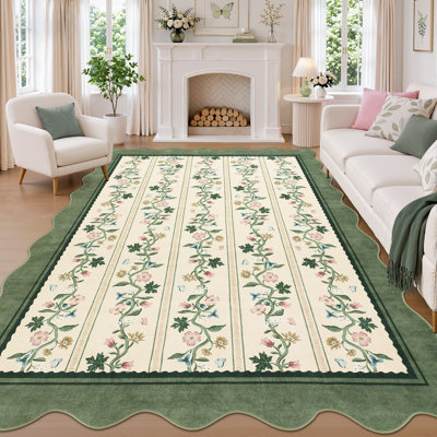 Tapis doux à motifs floraux festonnés – Lavable à la machine, antidérapant, style vintage