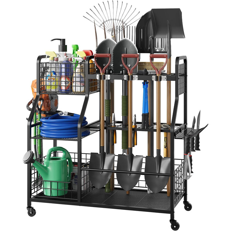 Heavy Duty 3-Tier Garden Tool Organizer With Wheels, Storage Basket, And Multi-Function Design For Garage, Shed, Yard, And Basement