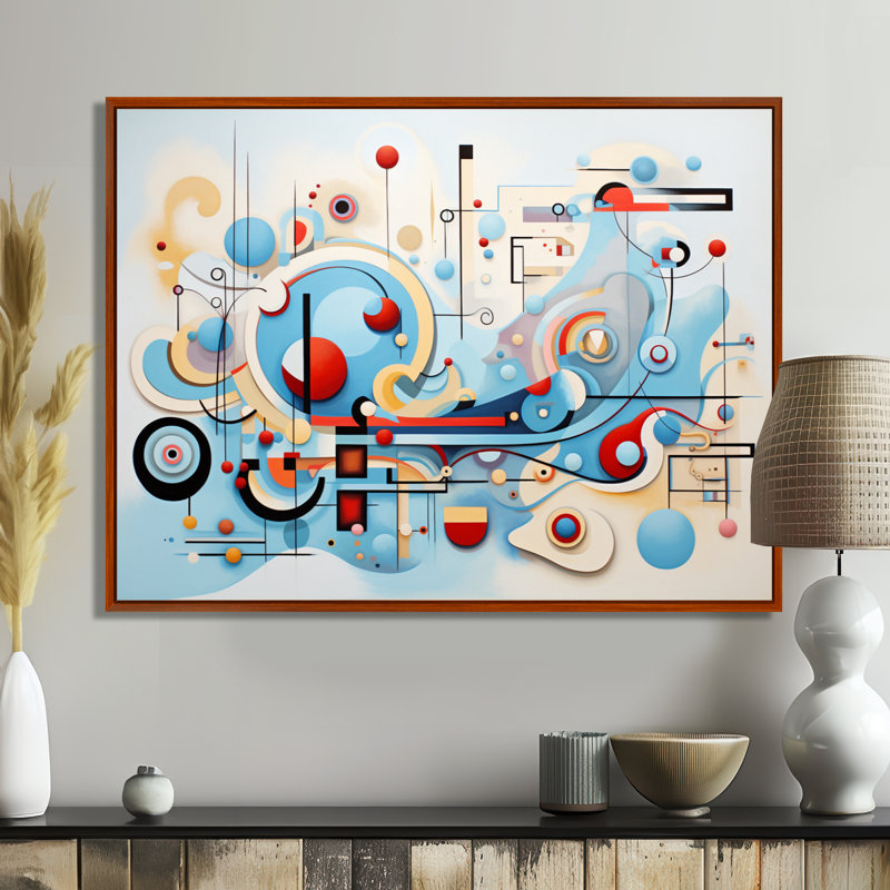 Mid-Century Symphony Blue Jazz I - décoration murale géométrique, Brown Floater Framed Canvas, 30" H x 40" W x 1.5" D