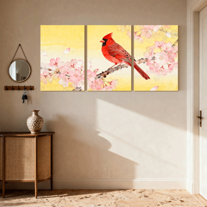 Birds Cardinal Bird Cherry Blossoms, ensemble de 3 toiles sur fond jaune, H 18 po x l 36 po
