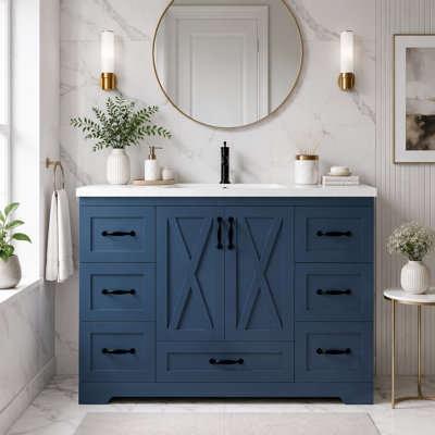 Meuble-lavabo autoportant avec plateau en céramique, 7 tiroirs, portes à panneaux en X et barre à serviettes latérale pour un décor de maison de campagne moderne