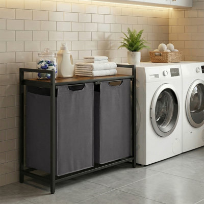Panier à linge, panier à linge, trieur de linge avec 2 sacs coulissants et amovibles, tablette, structure en métal, 2 x 12,1 gallons (46 L), 28,8 x 13 x 28,4 pouces, brun rustique et gris