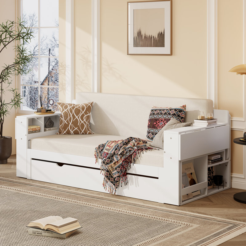 Lit de jour avec bureau amovible, tiroirs de rangement et table d'appoint hydraulique, Blanc, Grand lit