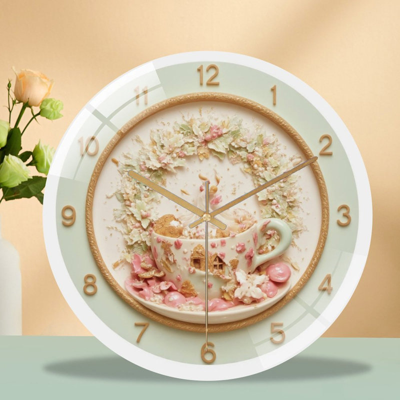 Horloge - Tasse à thé - Art floral - Couronne - Horloge murale moderne en verre 12 po