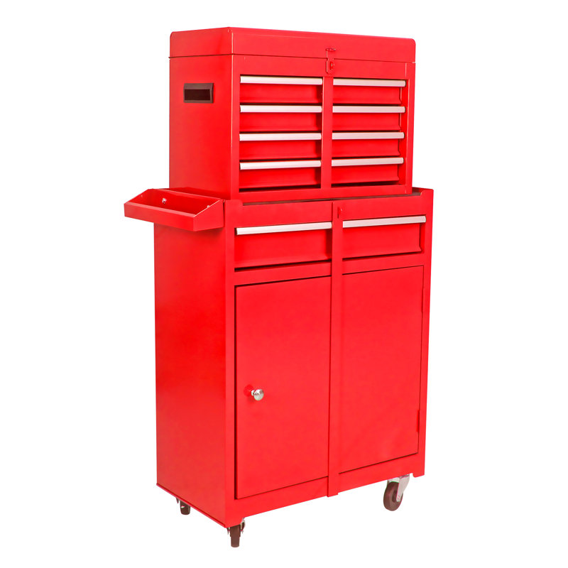 Metal Rolling Tool Box With 5, Lockable Wheels & Adjustable Shelf For Garage - Red 5 Chest Wheels, Sliding Drawers, Detachable Top, Workshop