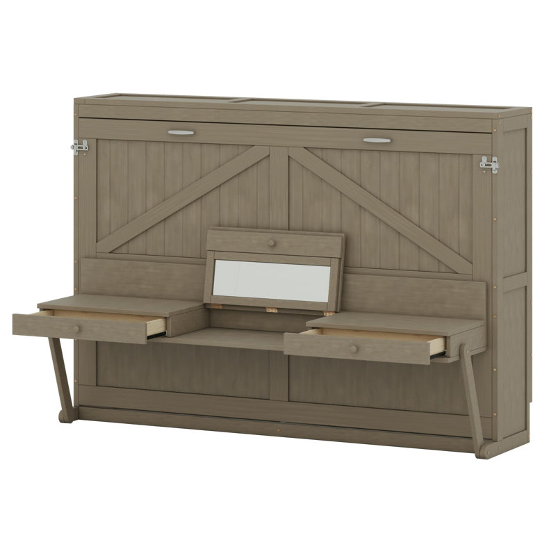 Lit escamotable avec rangement, armoire-lit pliable avec coiffeuse, miroir central et 2 tiroirs latéraux, Gris
