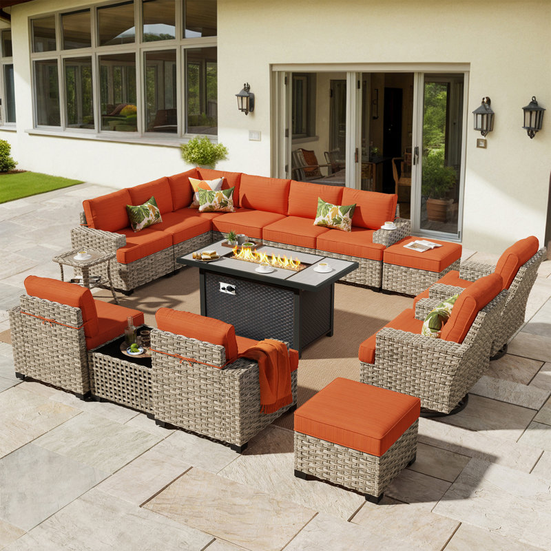 Wahkon 11 - Person Outdoor Conversation Set,  Wicker Patio Seating Group with Cushions, All Weather Sectional Sofa Set with Fire Pit for Garden, Backyard
