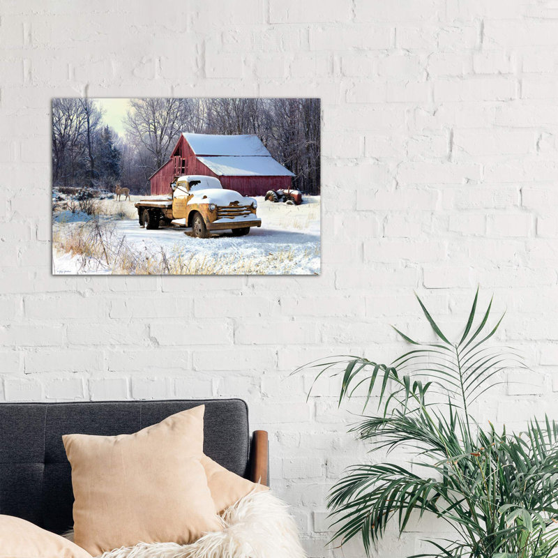 Winter Truck - Print on Canvas, 66.04 cm H x 45.72 cm W, White Floater Framed