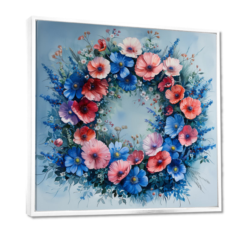 Couronne de jardin rose et bleu - Art mural salon, Cadre flottant blanc, H 16 po x l 16 po