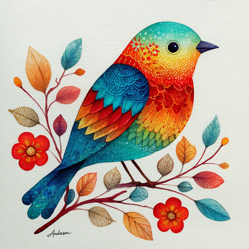 «Blossom Perch - Colorful Bird», art mural, H 16 po x l 24 po