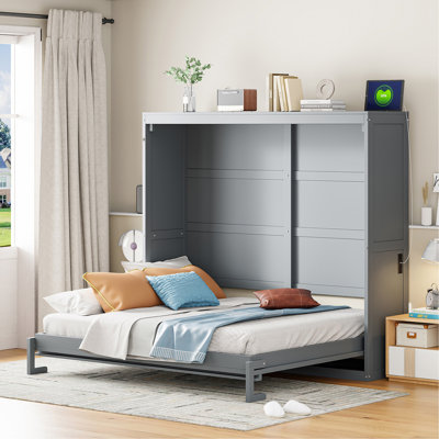 Lit escamotable double pleine grandeur, gris