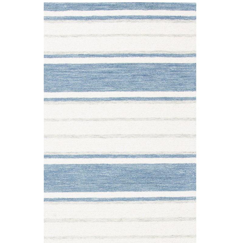 Starner Striped Handmade Tufted Wool Ivory/Light Blue Area Rug, Rectangle 5' x 8'