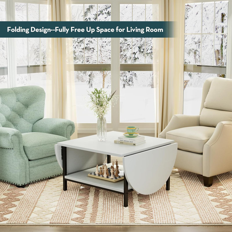 White Modern Extendable Coffee Table with Storage and Foldable Panels