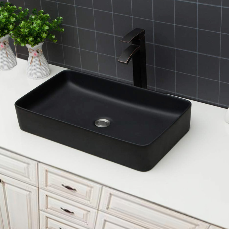 Rectangular Black Vessel Ceramic Bathroom Sink 24"X13.5", European Contemporary Style, Low Water Absorption, Smooth Surface, Above Counter Installation Inspired Finish, Setup