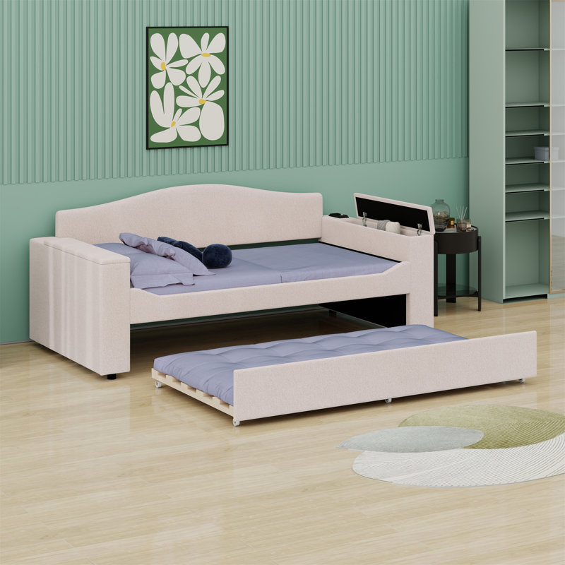 Lit de jour rembourré avec accoudoirs de rangement, lit gigogne et dernier système audio Bluetooth intégré, Beige