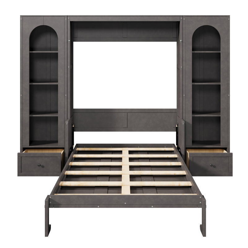 Grand lit escamotable avec DEL, armoires latérales, tiroirs et tablette - Lit plateforme peu encombrant, gris
