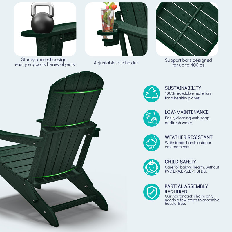 Folding Adirondack Chair, Wood Texture, Cup Holder, All-Weather HDPE for Poolside/Lawn, Green, Green