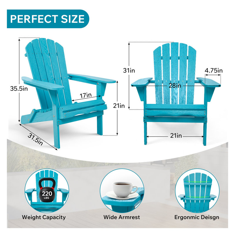 Turquoise Blue Solid Cedar Wood Folding Adirondack Chair with Embossed Wood Grain - Weather-Resistant Outdoor Patio Lounge Chair