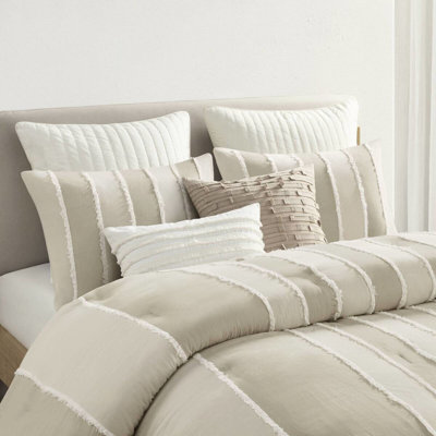 Ensemble de literie 3 pièces pour lit double / grand taupe - 100% coton, motif rayé, rembourrage, garniture, fraîcheur visible, lavable à la machine