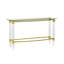 Table de canapé rectangulaire en verre avec pieds en acrylique et structure plaquée or