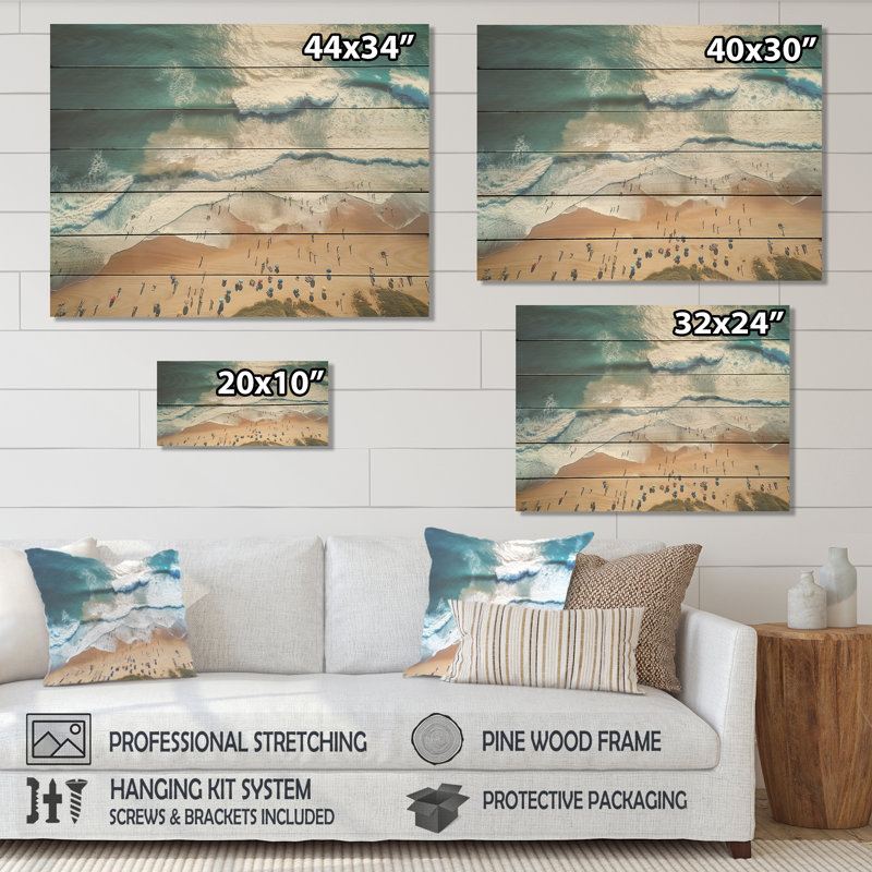 Blue Beach Aérienne vue majestueux I - plage et océan sur bois, H 24 po x l 32 po