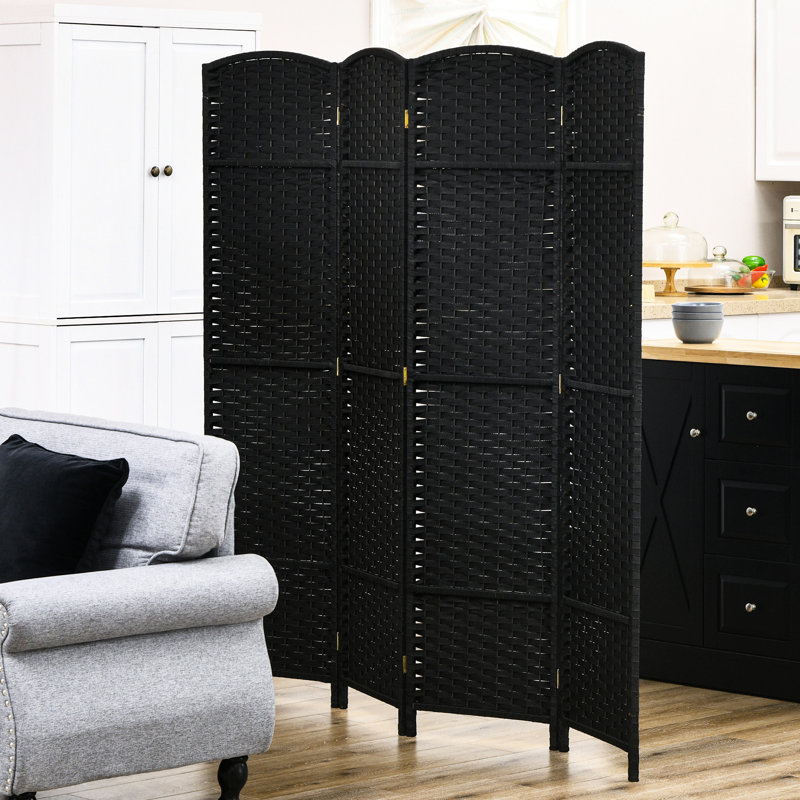 Paravent pliable 4 panneaux By. Paravent autoportant de 5,6 pi pour la chambre à coucher et le bureau à domicile. Noir avec motif tissé à la main élégant et plateau arqué. Cloison polyvalente, rehaussant le décor. Fait de