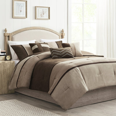 Queen Brown Faux Suede Comforter - 7 Piece , Soft Moments Size Piece, Wrinkle-, Decorative