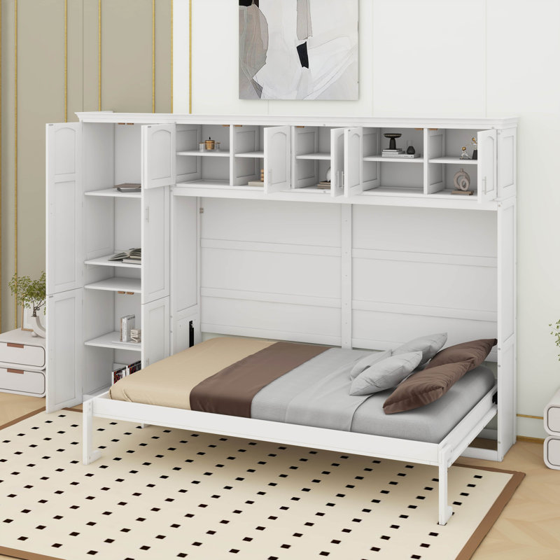 Grand lit escamotable avec armoires, Blanc