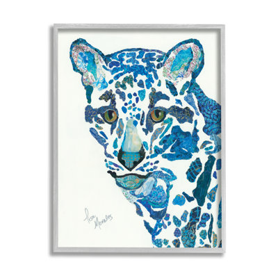 «Clouded Leopard Collage Blue Patterns Wildlife Animal» par Lisa Morales - peinture à cadre flottant sur toile