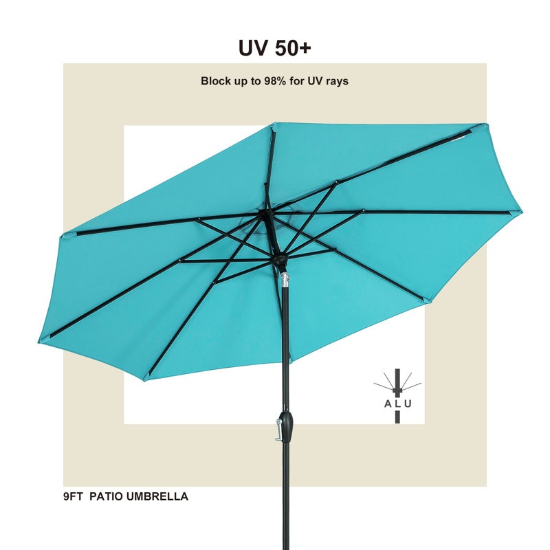 Parasol de patio 9 pi avec manivelle Devyn, poteau en aluminium et 8 baleines en acier pour terrasse, bord de piscine, cour Devyn