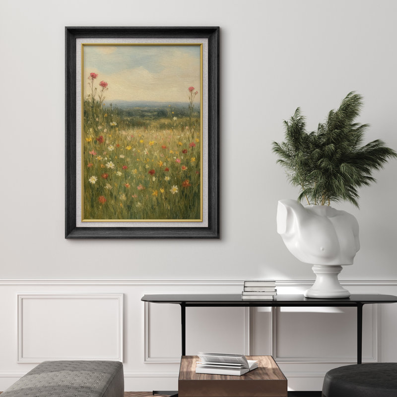 Premium Framed Artwork - Vintage Wildflower Field Print for Living Room Decor - 26"x36", Black