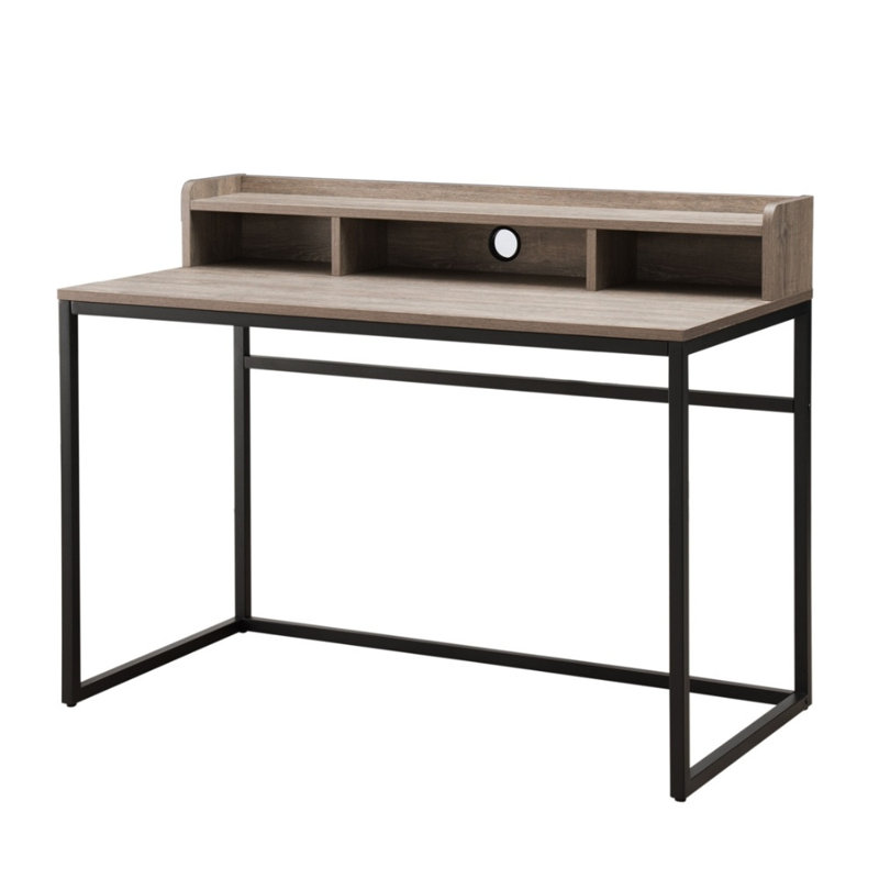 Bureau d'ordinateur 47 po avec rehausse - Bureau d'écriture en chêne gris avec rangement | Poste de travail moderne en bois et métal pour bureau, jeux et travail