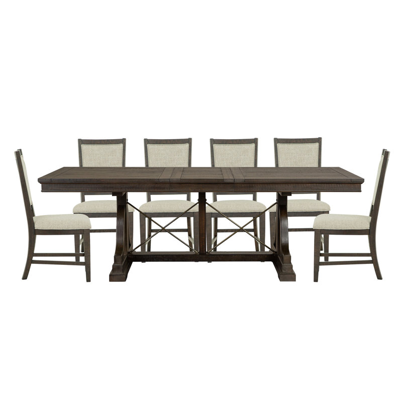 Extendable Trestle Dining Table With 6 Upholstered Side Chairs, 7 Pieces: Table, 6 Chairs